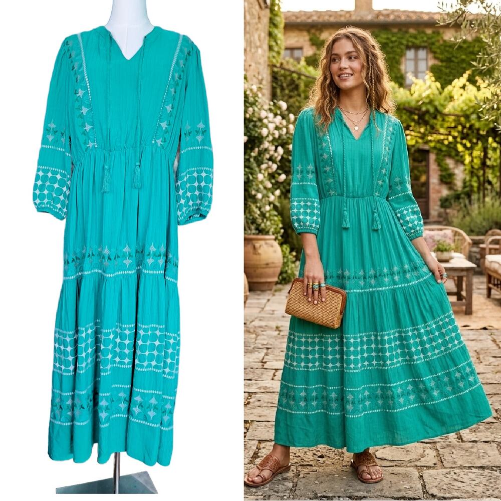 Nurture Embroidered Pintuck Boho Maxi Dress Medium Teal Blue Aqua